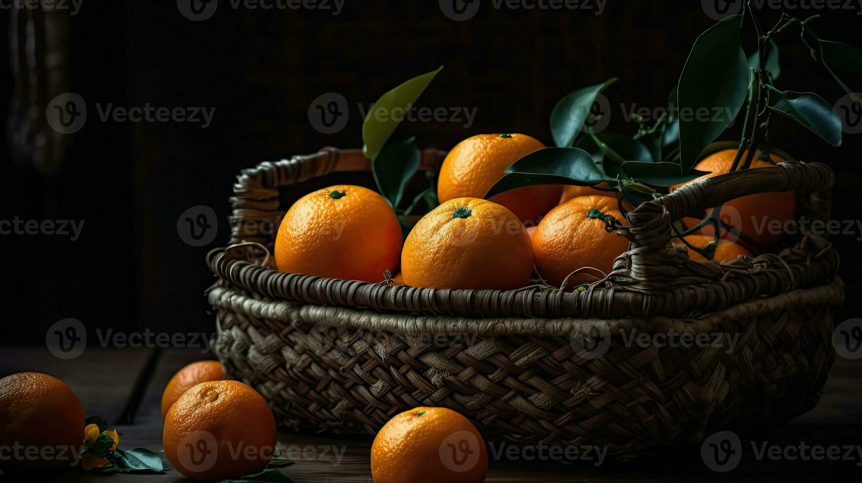 färsk orange frukt i en bambu korg med fläck bakgrund, ai generativ foto