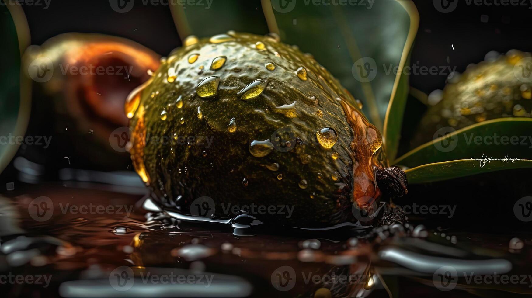 grön avokado frukt träffa förbi stänk av vatten med svart fläck bakgrund och perfekt visning vinkel, ai generativ foto