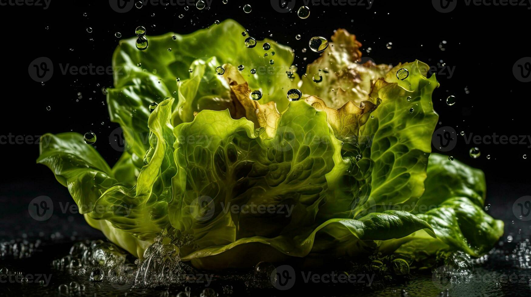 närbild grön sallad träffa förbi stänk av vatten med svart fläck bakgrund, ai generativ foto