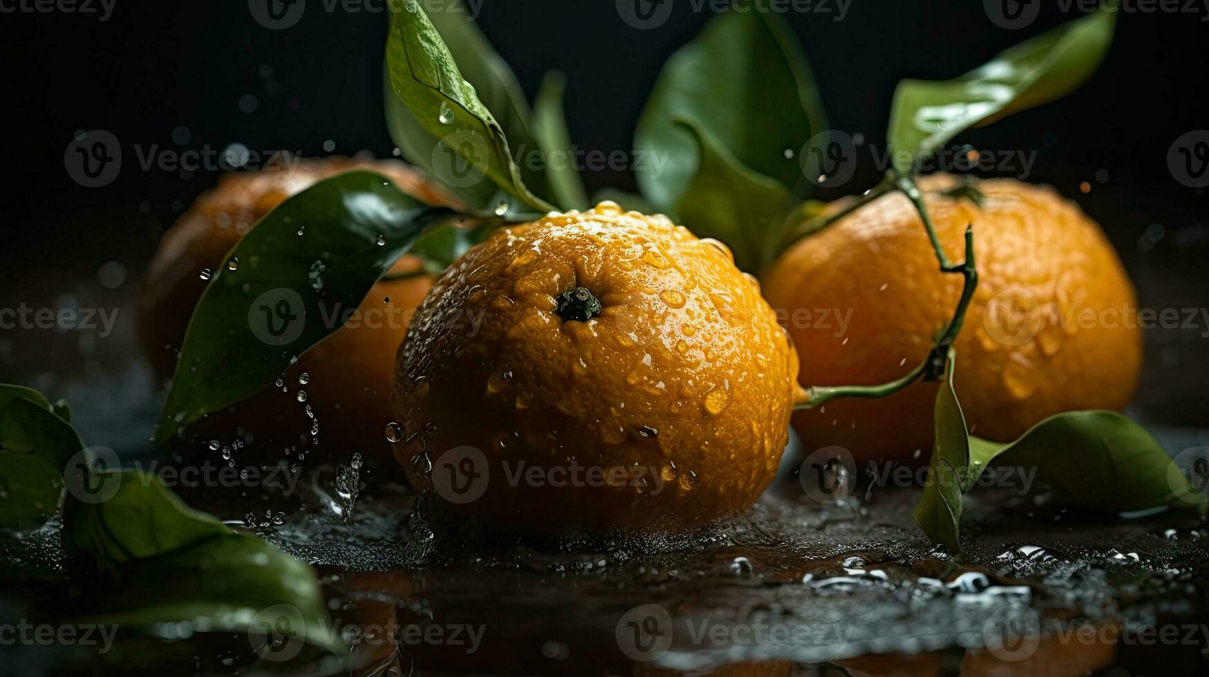 färsk mandarin träffa förbi stänk av vatten med svart fläck bakgrund, ai generativ foto