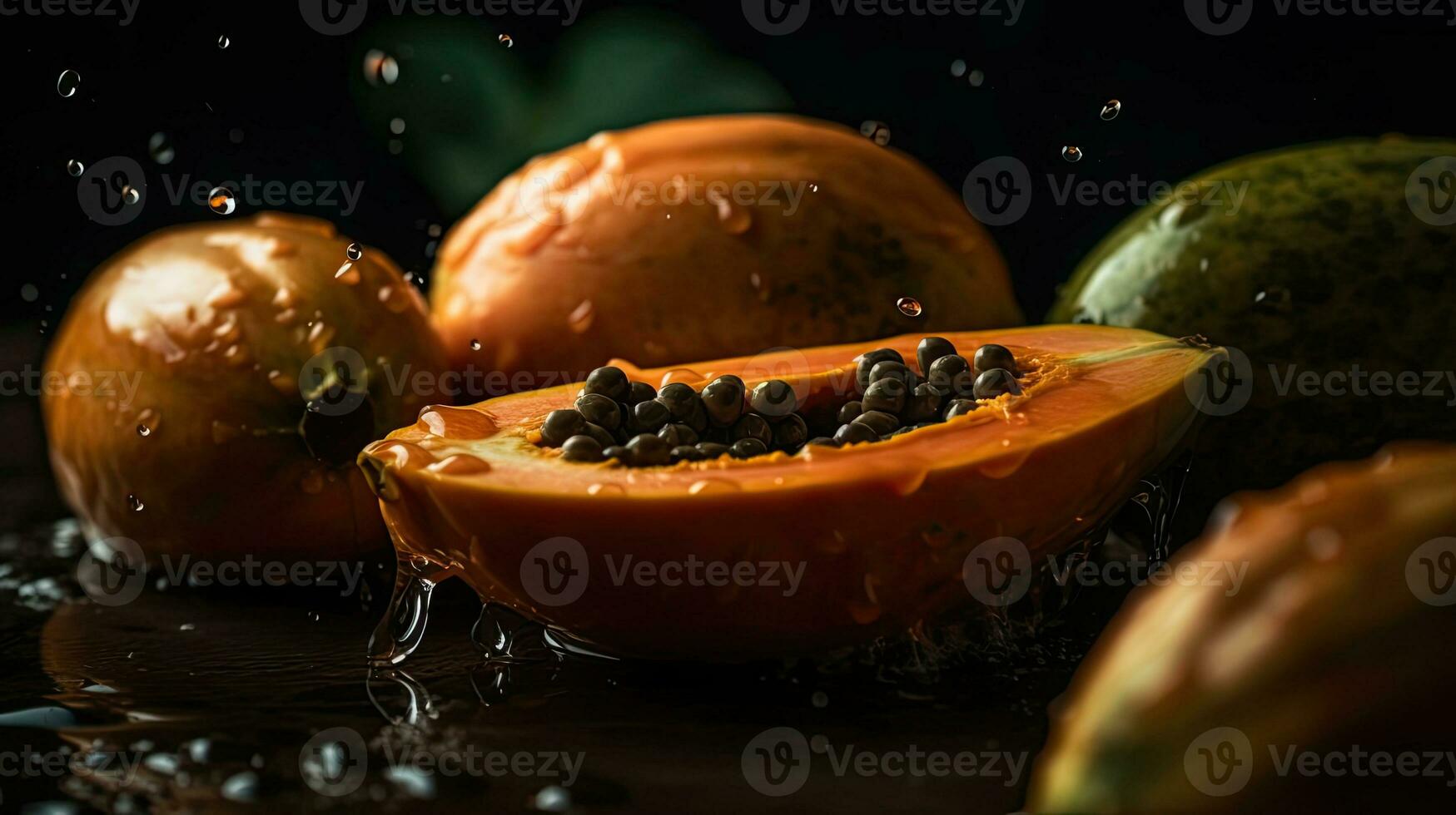 papaya träffa förbi stänk av vatten med svart fläck bakgrund, ai generativ foto