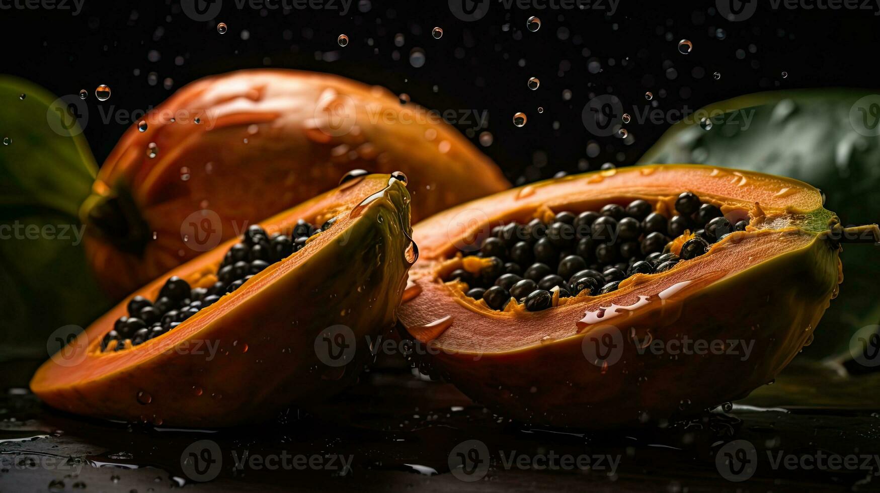 papaya träffa förbi stänk av vatten med svart fläck bakgrund, ai generativ foto