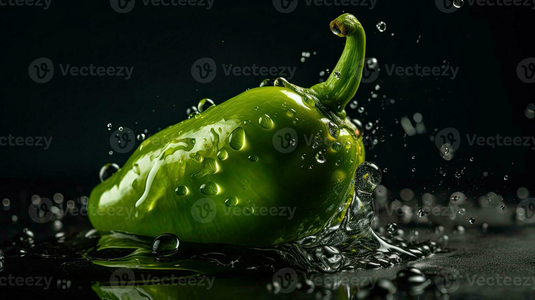 grön chili träffa förbi stänk av vatten med svart fläck bakgrund, ai generativ foto