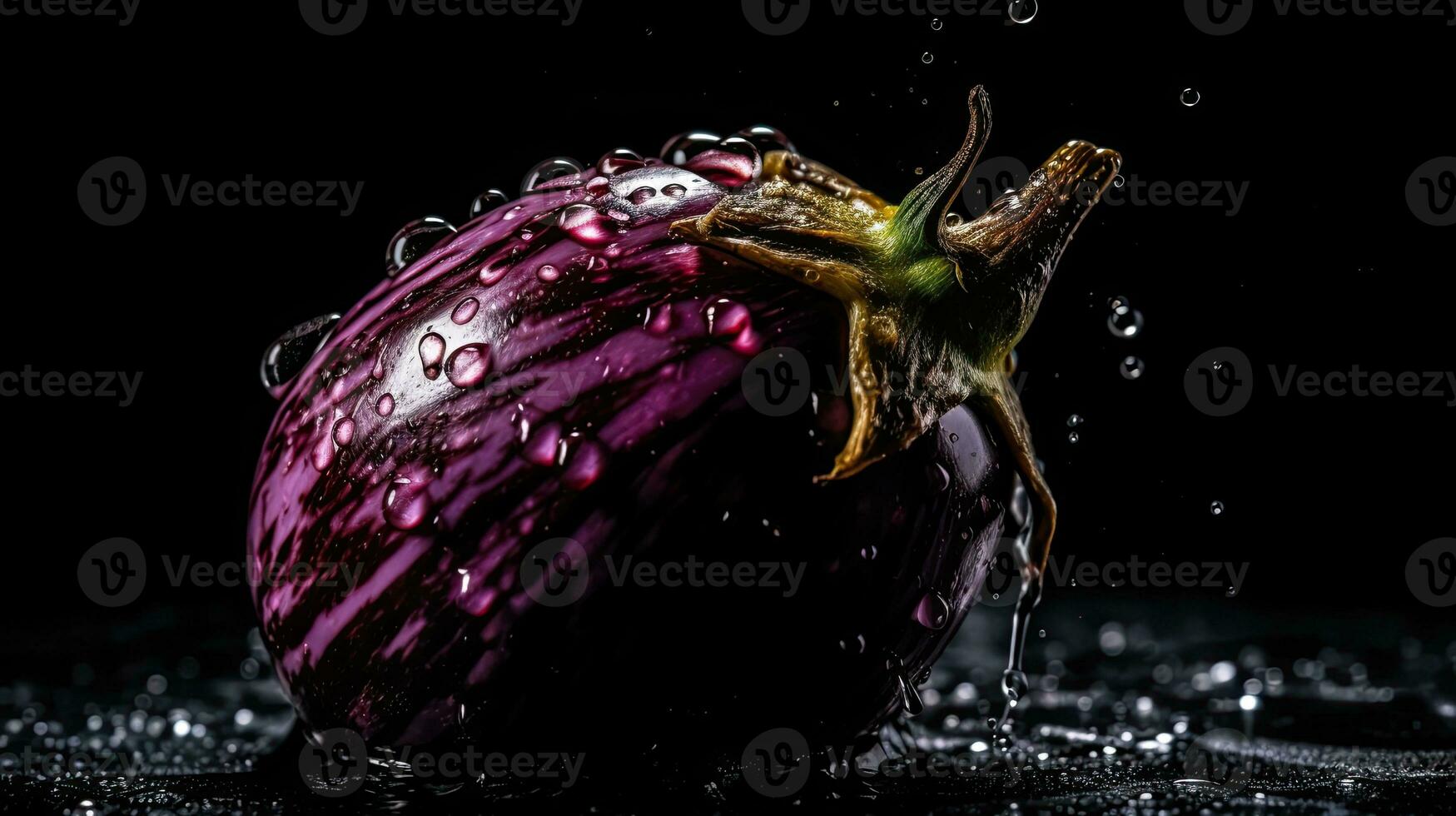 äggplanta träffa förbi stänk av vatten med svart fläck bakgrund, ai generativ foto