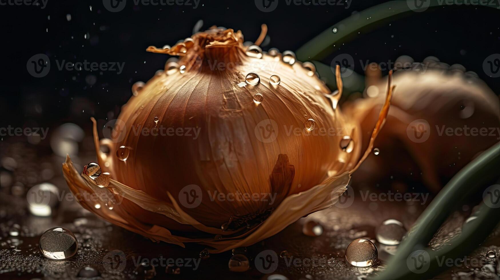 lök träffa förbi stänk av vatten med svart fläck bakgrund, ai generativ foto