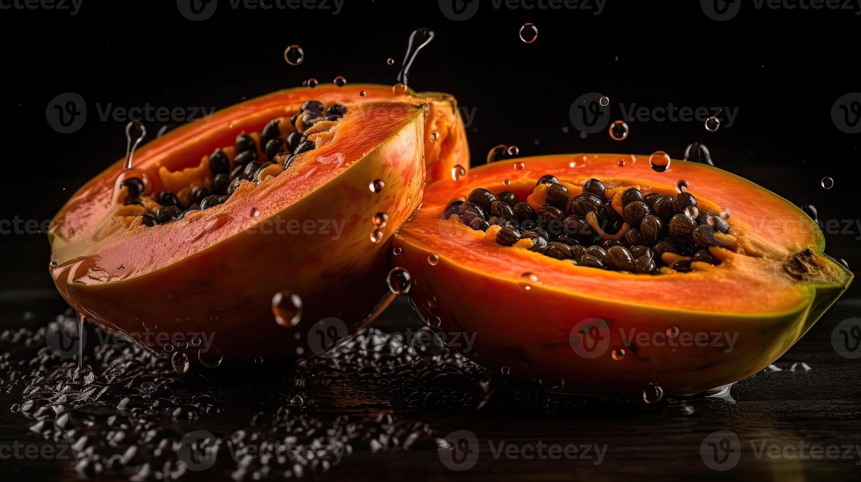 färsk papaya träffa förbi stänk av vatten med svart fläck bakgrund, ai generativ foto