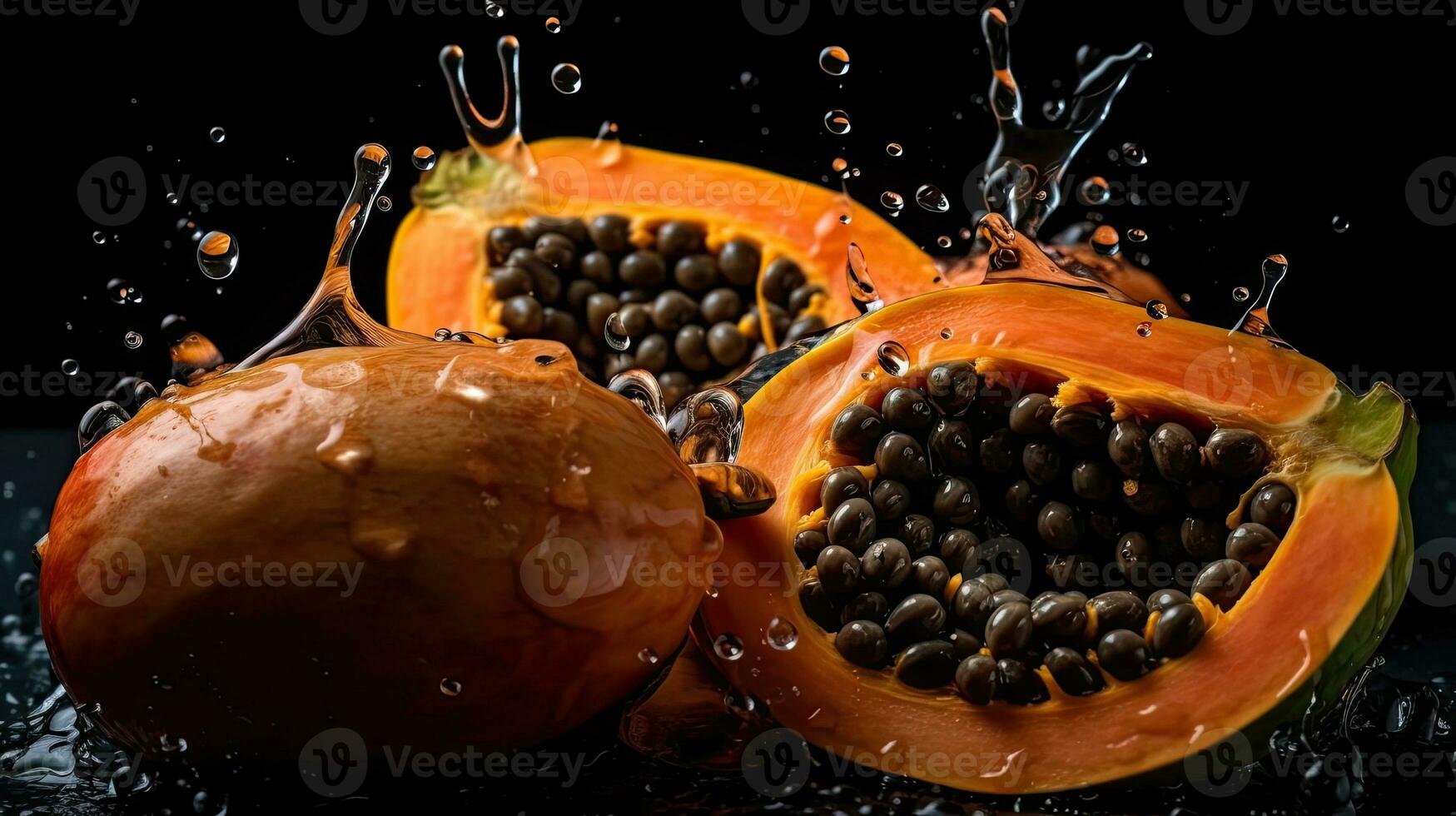 färsk papaya träffa förbi stänk av vatten med svart fläck bakgrund, ai generativ foto