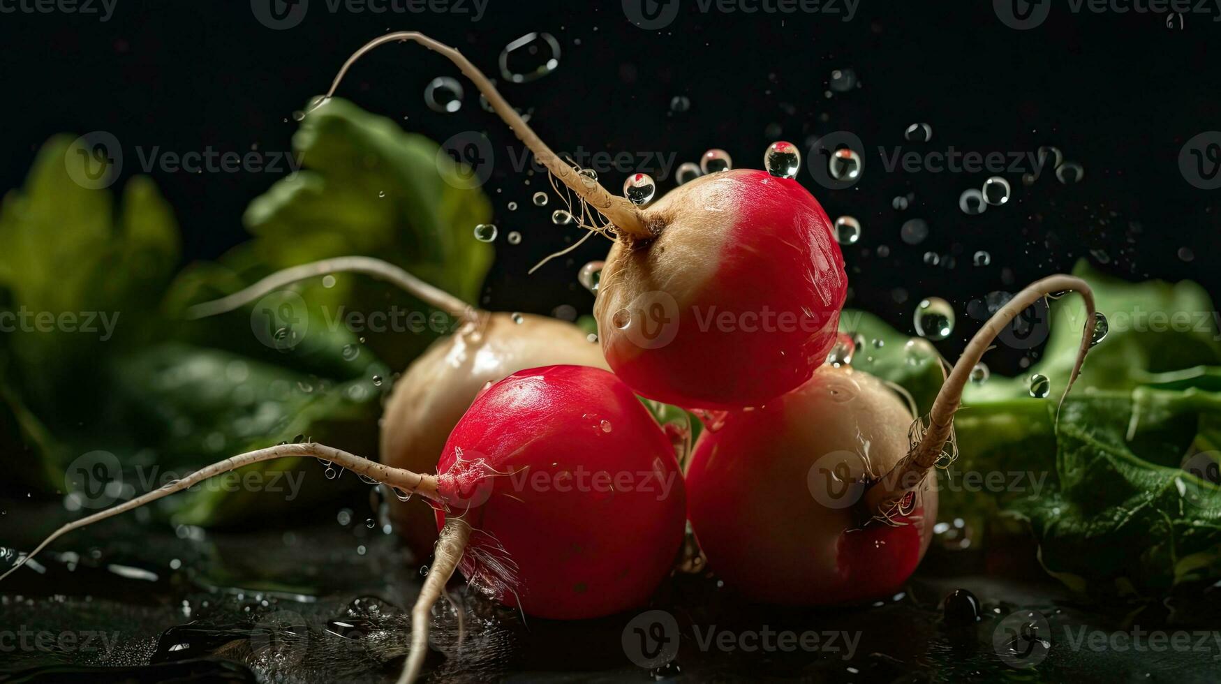 rädisa med grön blad träffa förbi stänk av vatten med svart fläck bakgrund, ai generativ foto