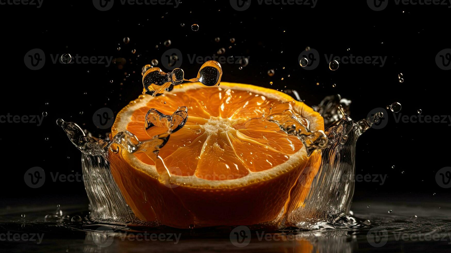 närbild av skivad orange frukt träffa förbi stänk av vatten med svart fläck bakgrund, ai generativ foto
