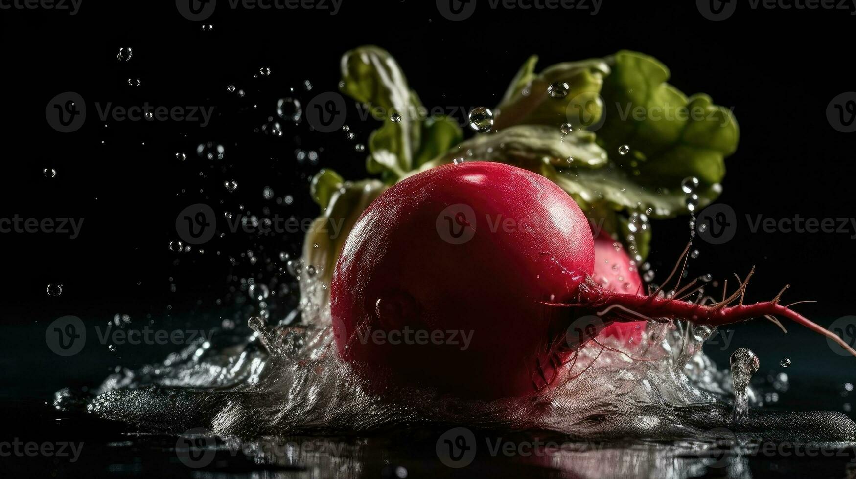 färsk rädisa med grön blad träffa förbi stänk av vatten med svart fläck bakgrund, ai generativ foto