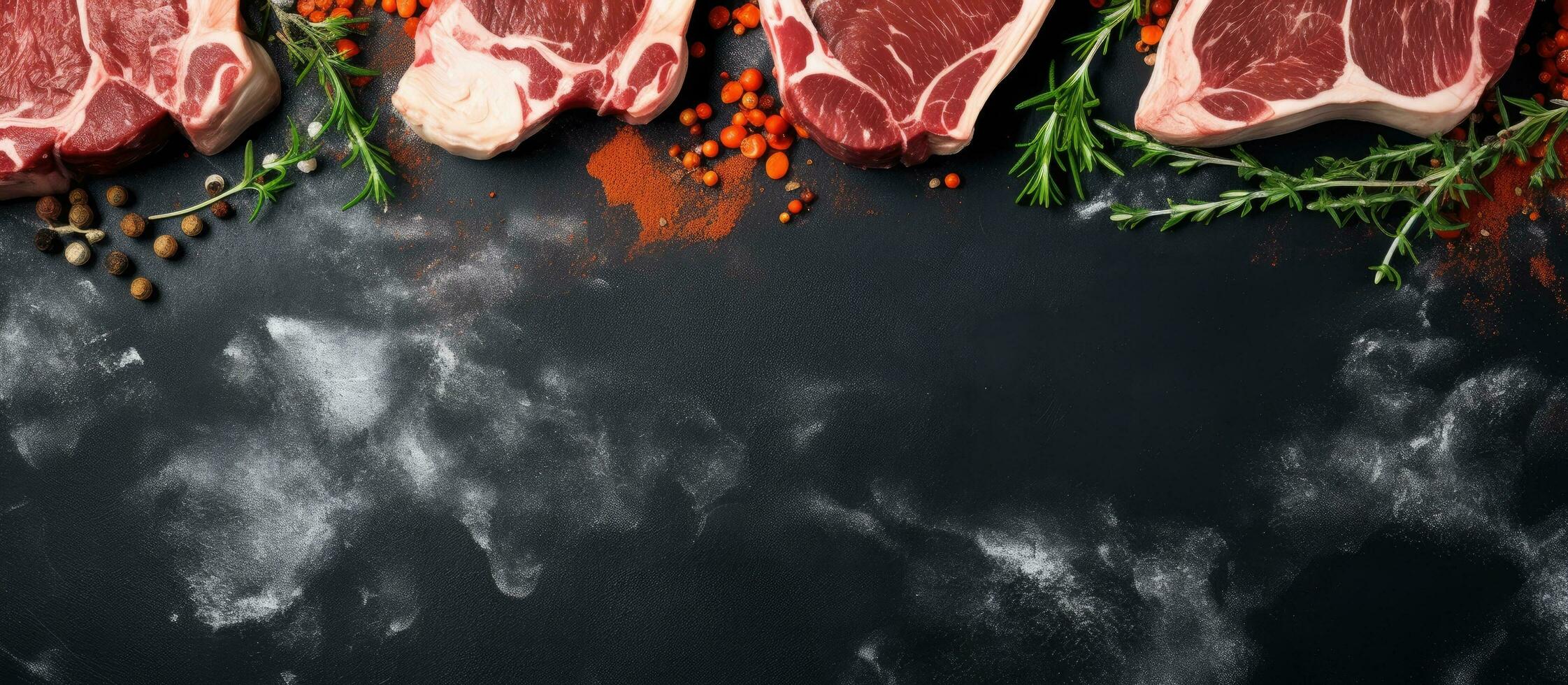 Foto av rå kött med kryddor och örter på en svart bakgrund med kopia Plats