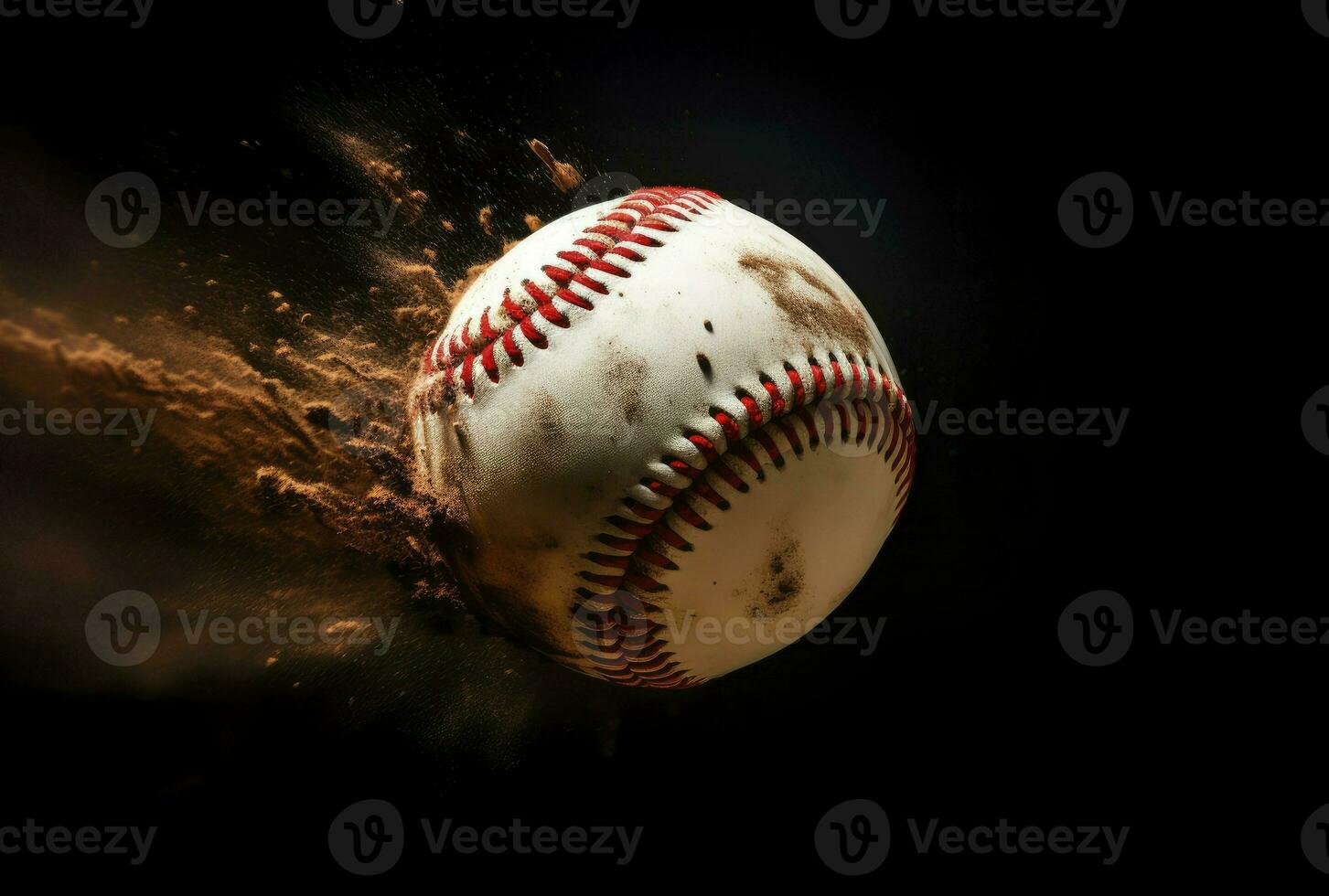baseboll i rörelse med jord stänk på en mörk bakgrund, generativ ai foto
