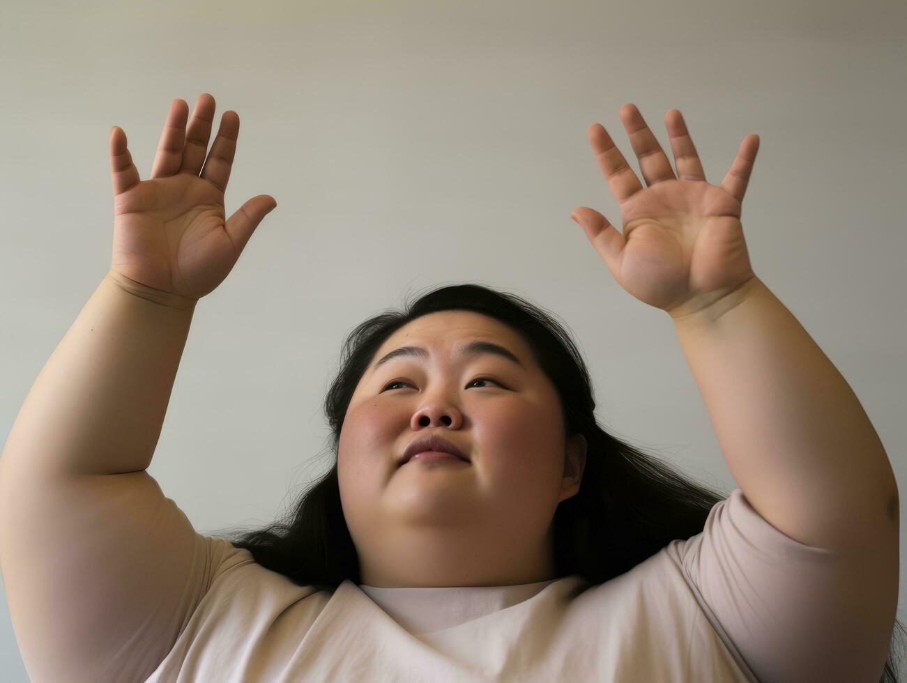 studio skott av plus storlek asiatisk kvinna dynamisk emotionell gester ai generativ foto