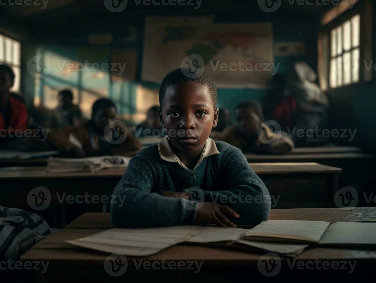 afrikansk unge i emotionell dynamisk utgör i skola ai generativ foto