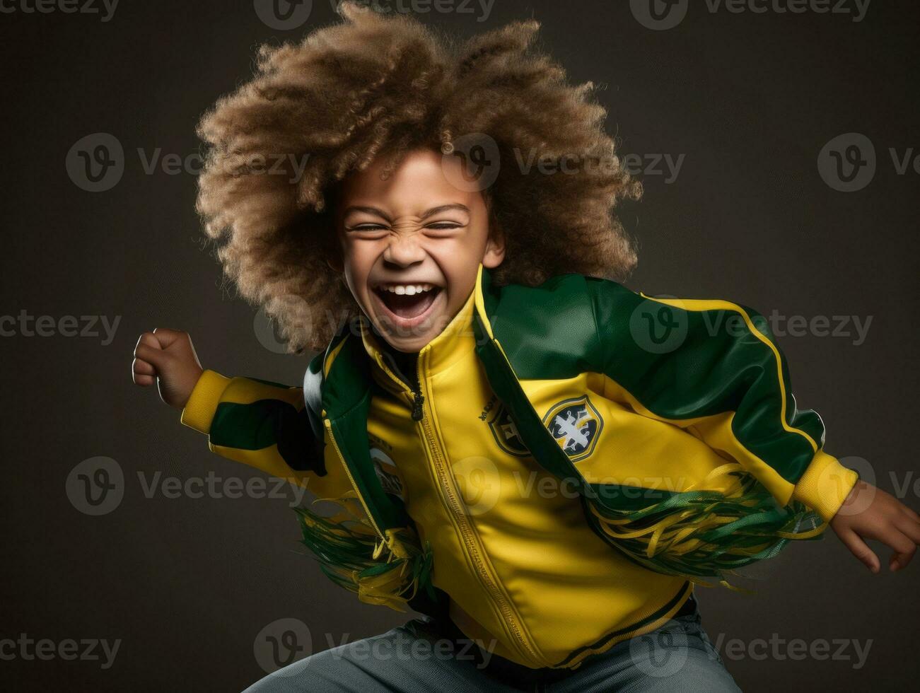 Foto av emotionell dynamisk utgör brasiliansk unge i skola ai generativ