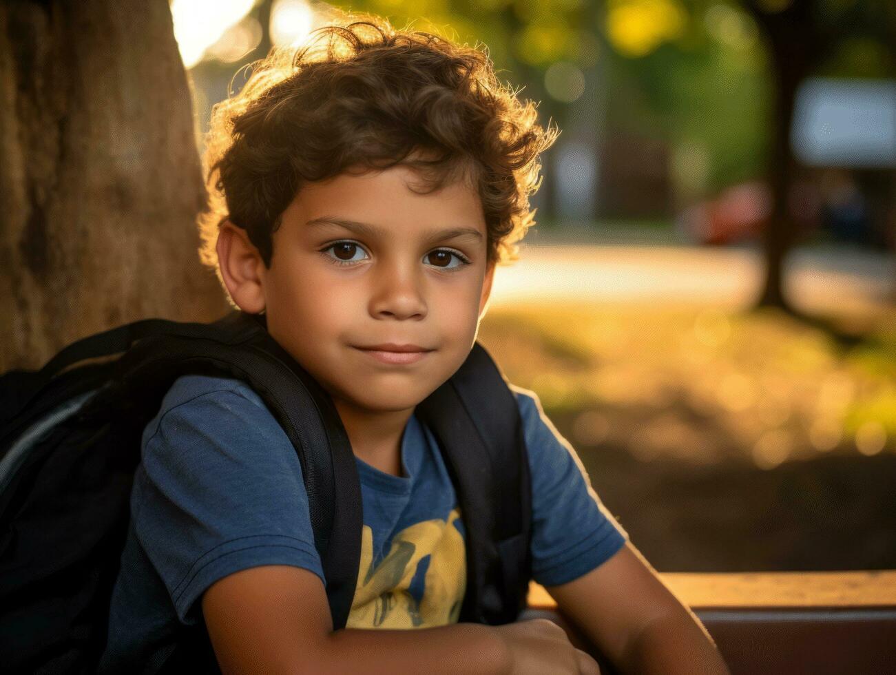 Foto av emotionell dynamisk utgör brasiliansk unge i skola ai generativ