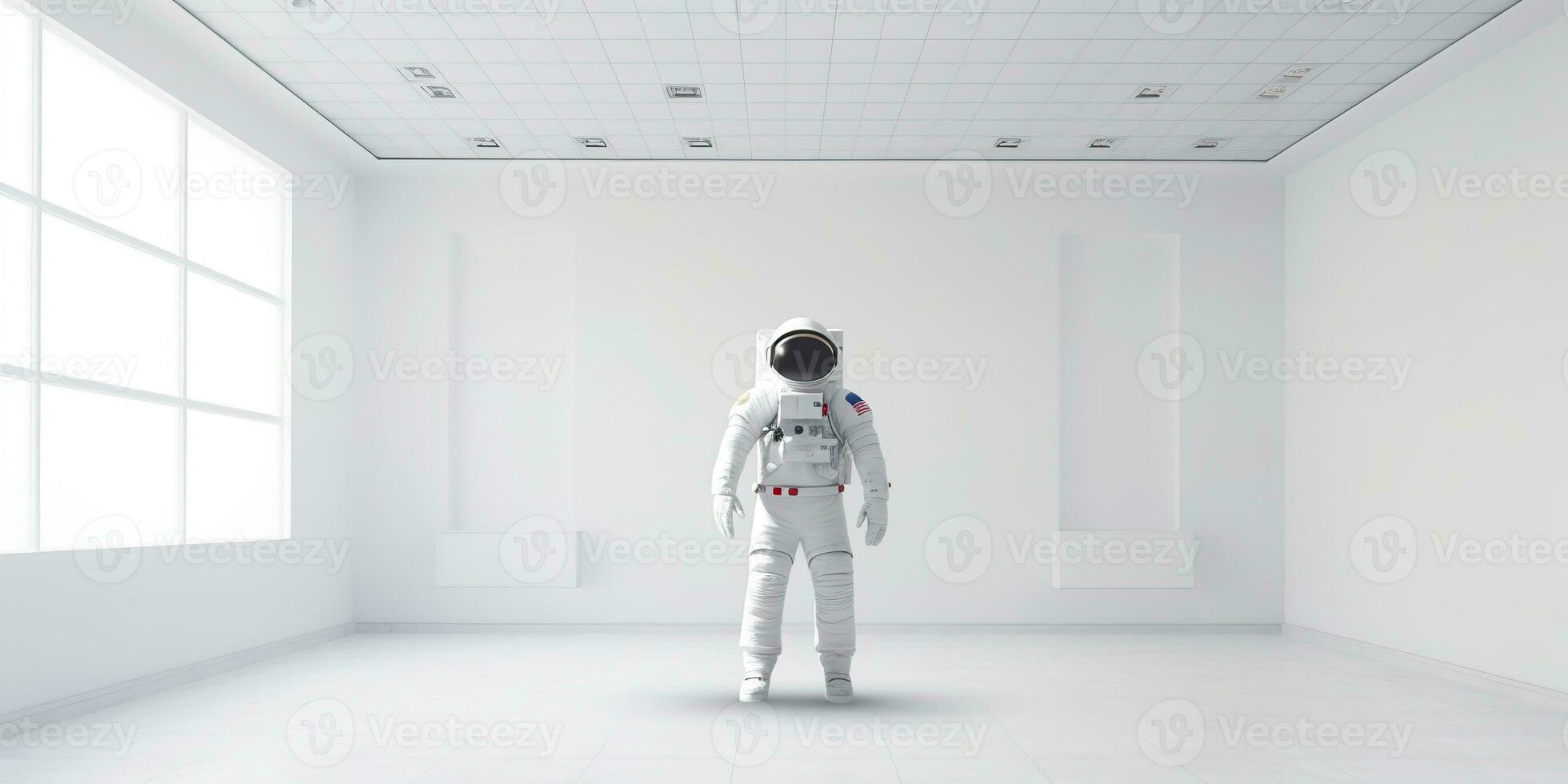 ai genererad. ai generativ. astronaut i vit tömma rum. minimal Plats äventyr kostym se. grafisk konst foto