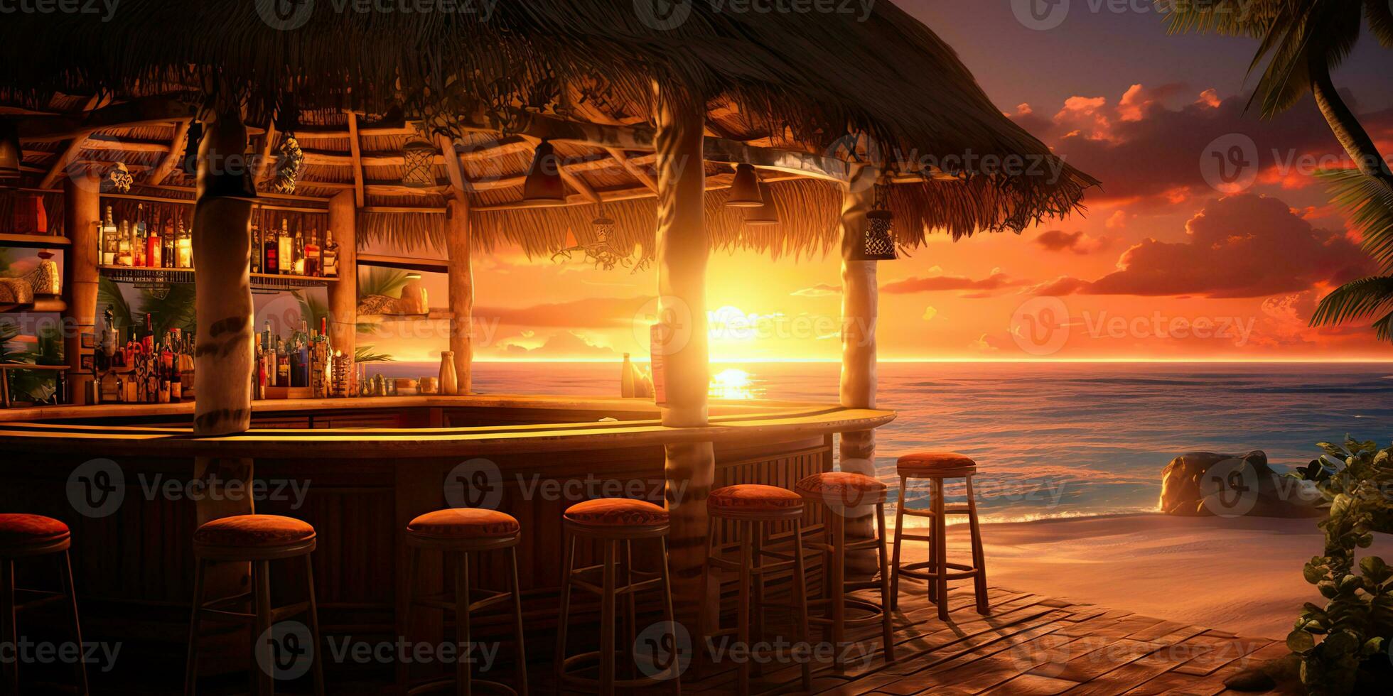 ai genererad. ai generativ. semester strand ö sand hav hav bar pub på solnedgång. natt fest roligt avkopplande vibe. grafisk konst foto