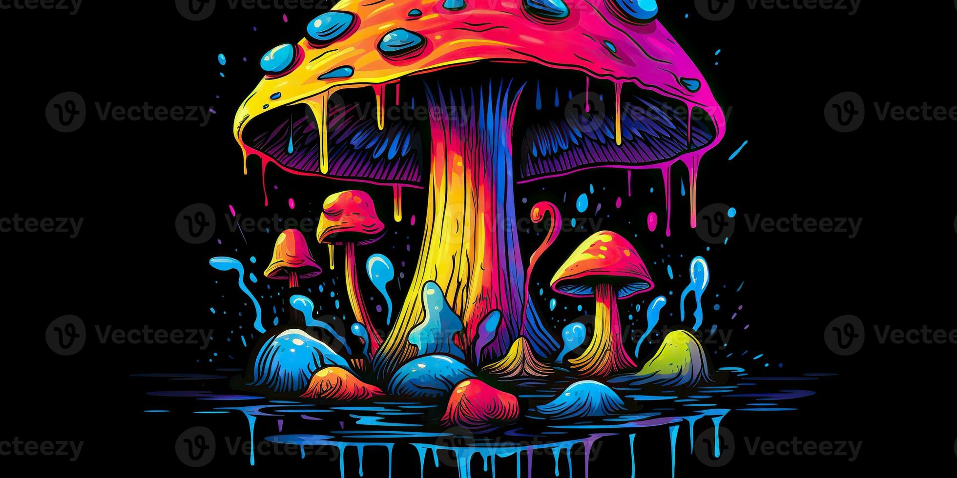 ai genererad. ai generativ. neon ljus ljus dra måla bläck konst svamp i psychedelic stil. grafisk konst foto