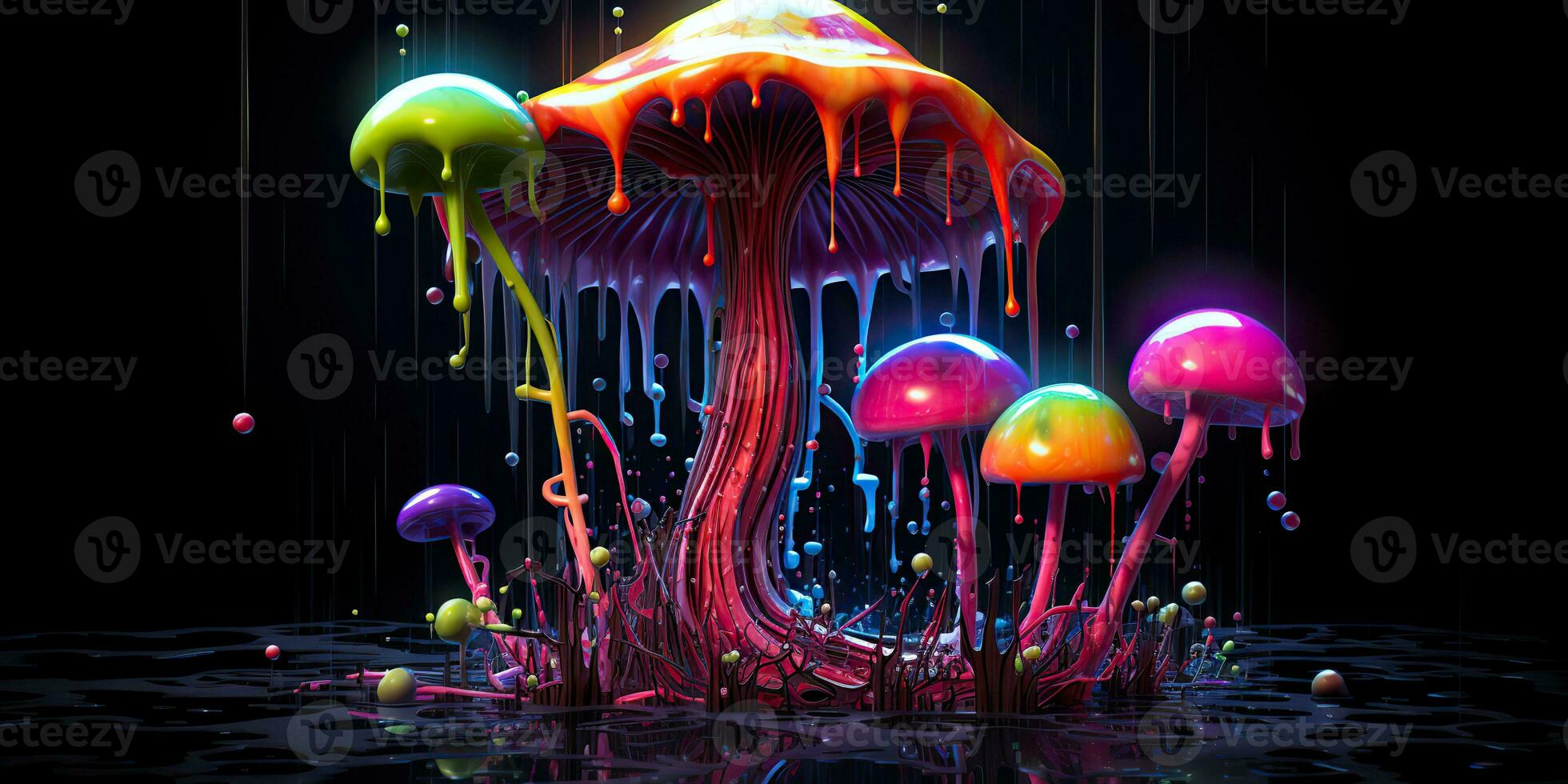 ai genererad. ai generativ. neon ljus ljus dra måla bläck konst svamp i psychedelic stil. grafisk konst foto