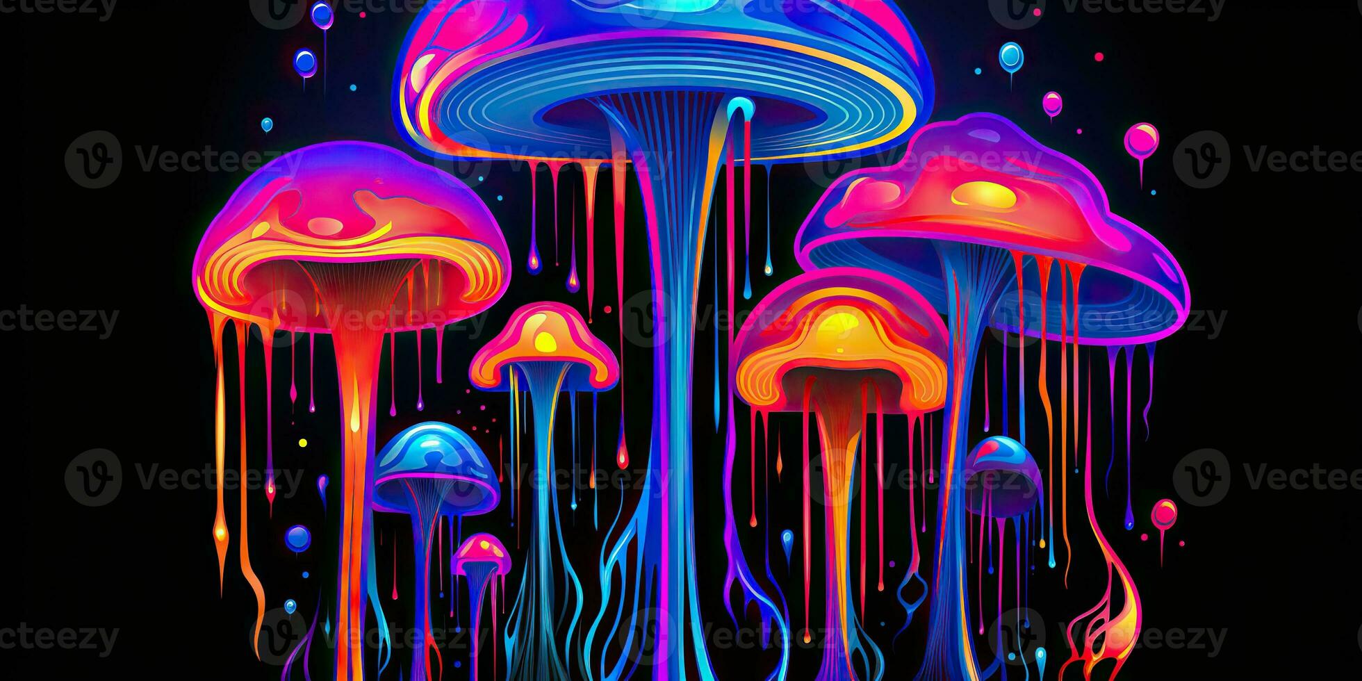 ai genererad. ai generativ. neon ljus ljus dra måla bläck konst svamp i psychedelic stil. grafisk konst foto