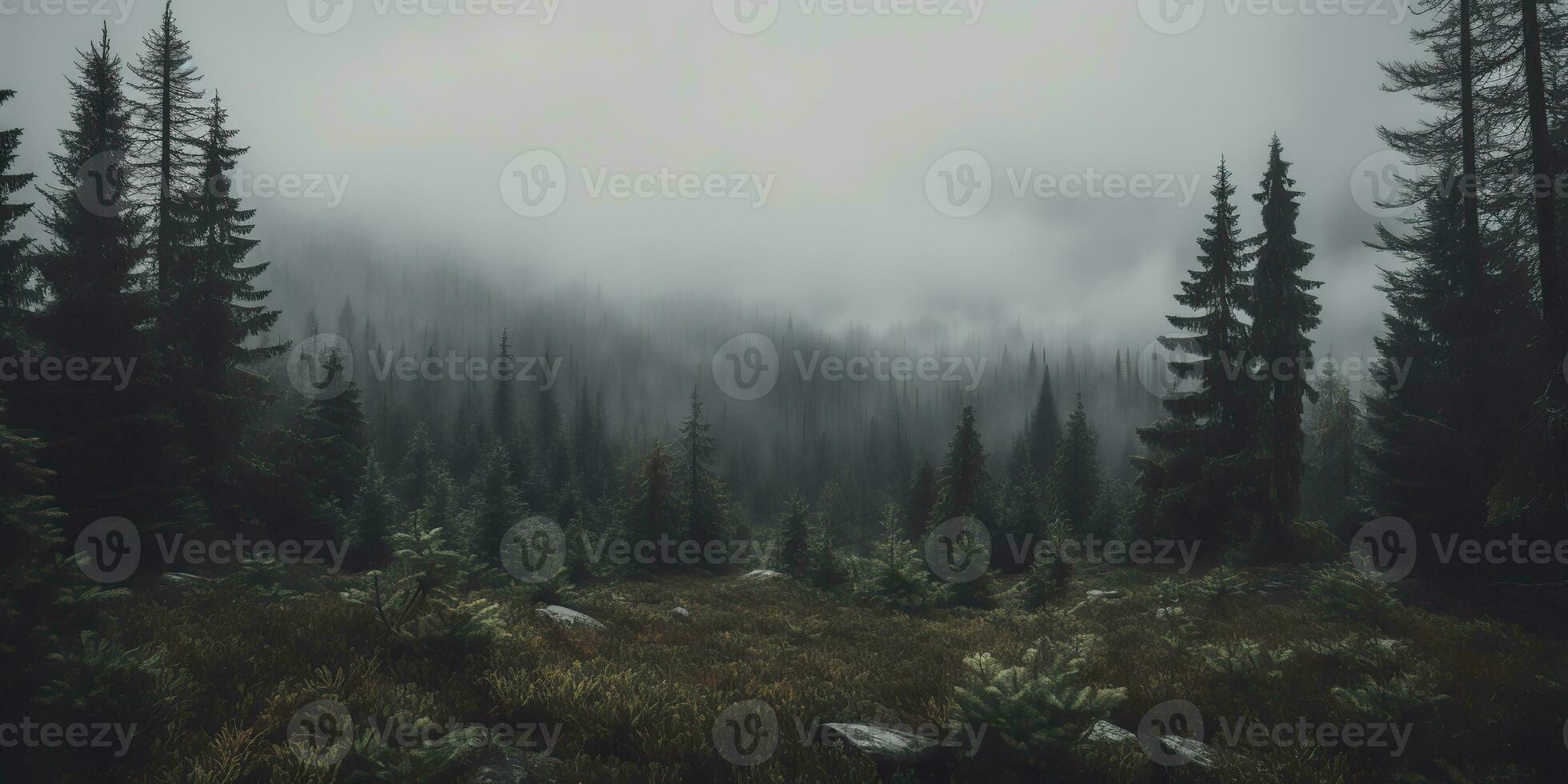 ai genererad. ai generativ. dimma magi dimma natt mörk skog träd djungel landskap bakgrund. skrämmande natur utomhus- äventyr utforska resa atmosfär stil. grafisk konst foto