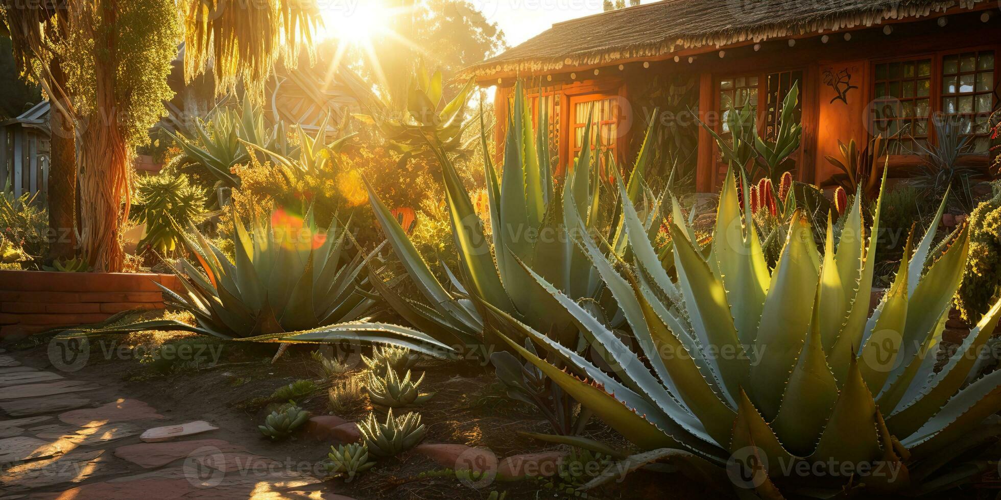 ai genererad. ai generativ. natur utomhus- växt friska medicin aloe vera på hus trädgård bakgrund. grafisk konst foto