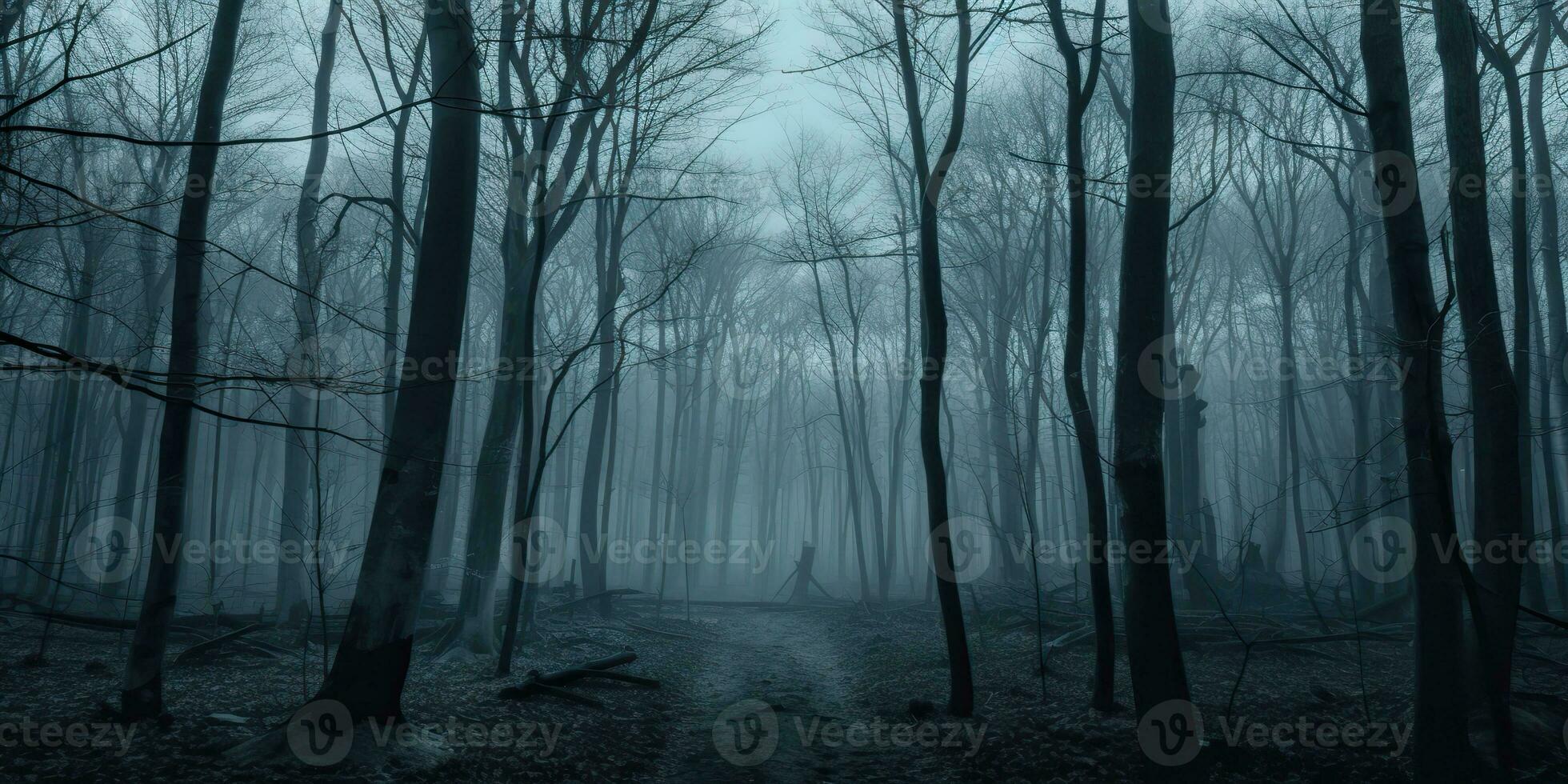 ai genererad. ai generativ. dimma magi dimma natt mörk skog träd djungel landskap bakgrund. skrämmande natur utomhus- äventyr utforska resa atmosfär stil. grafisk konst foto