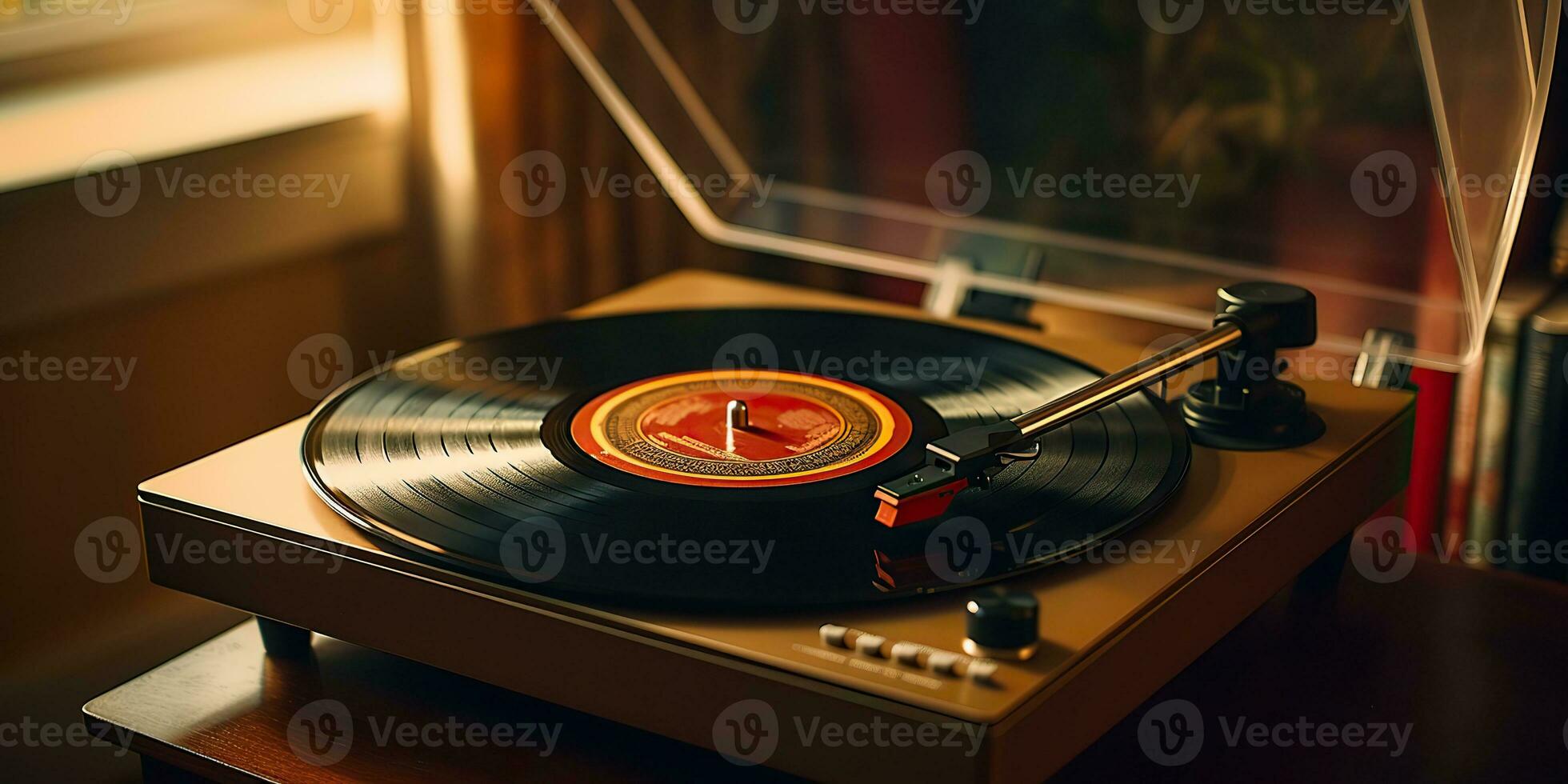 ai genererad. ai generativ. retro årgång antik ljud musik audio vinyl spelare spela in låda på mysigt Hem. grafisk konst foto