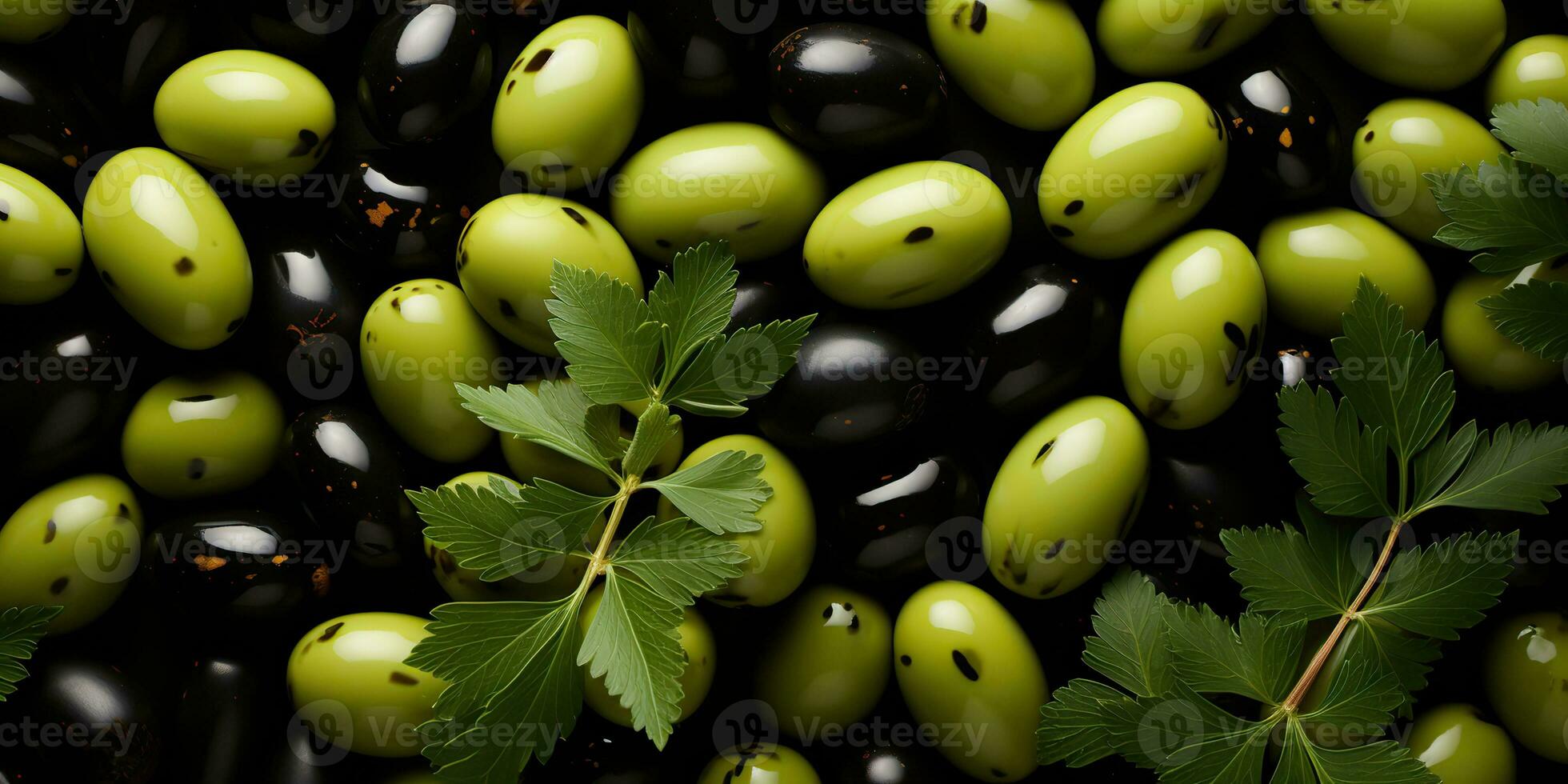 ai genererad. ai generativ. svart och grön oliver friska organisk grönsaker blanda dekoration mönster bakgrund. grafisk konst foto