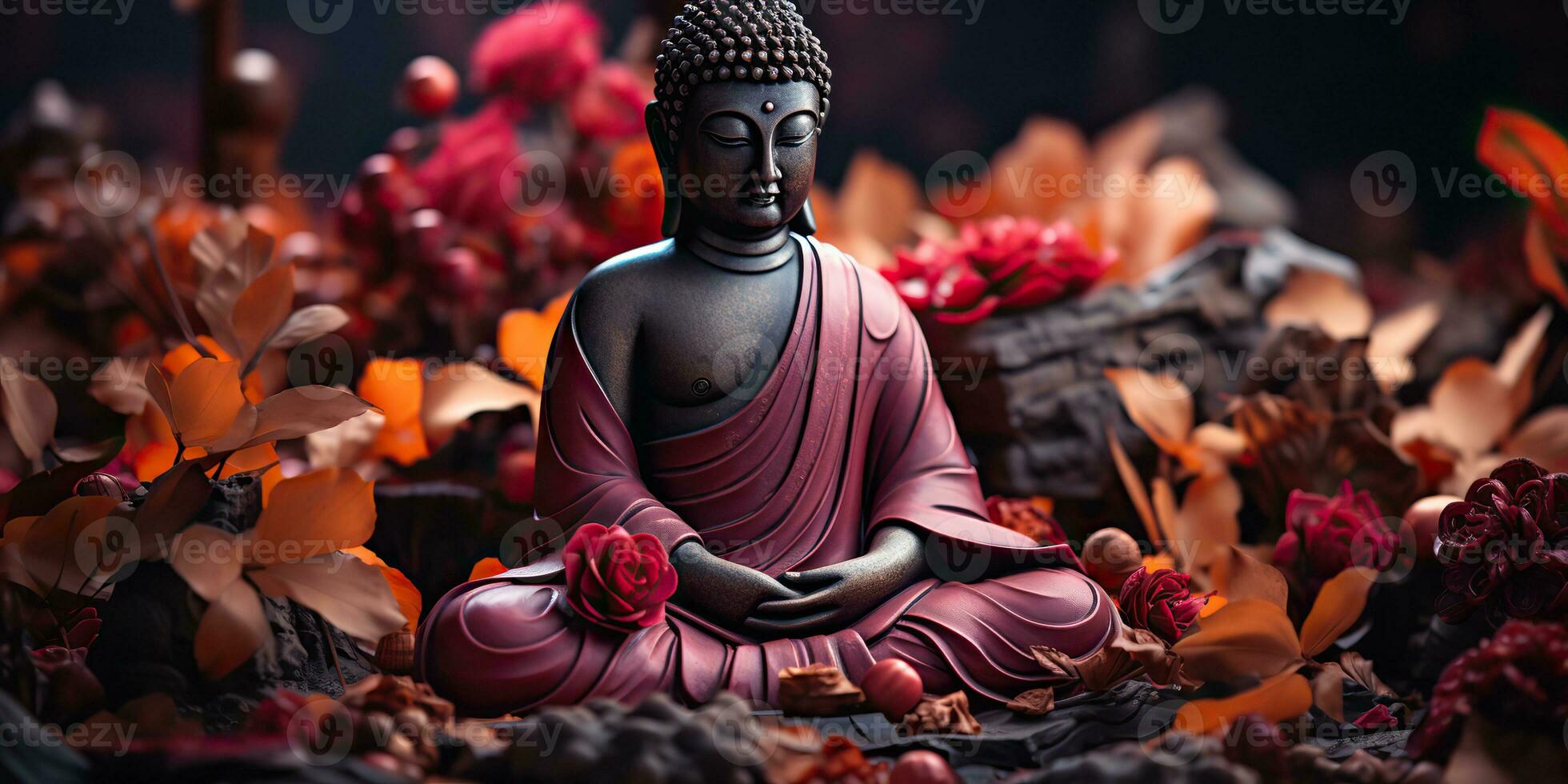 ai genererad. ai generativ. kultur historia asiatisk indisk religion buddha staty figur med natur rosa växter bakgrund. lugna koppla av kärlek fred inre vibe. grafisk konst foto