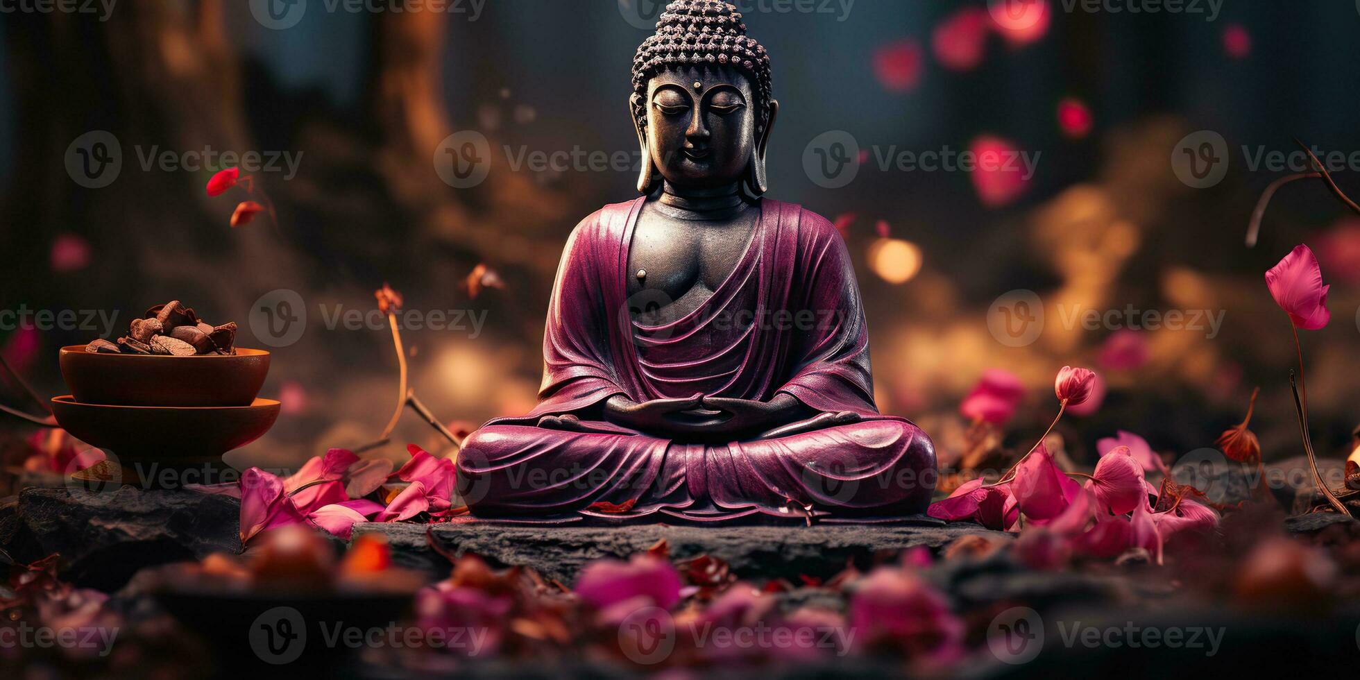 ai genererad. ai generativ. kultur historia asiatisk indisk religion buddha staty figur med natur rosa växter bakgrund. lugna koppla av kärlek fred inre vibe. grafisk konst foto