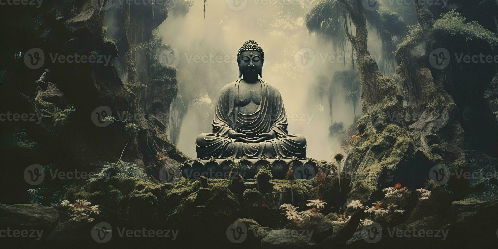 ai genererad. ai generativ. kultur historia asiatisk indisk religion buddha staty figur i gammal årgång retro antik illustration bakgrund. lugna koppla av kärlek fred inre vibe. grafisk illustration foto