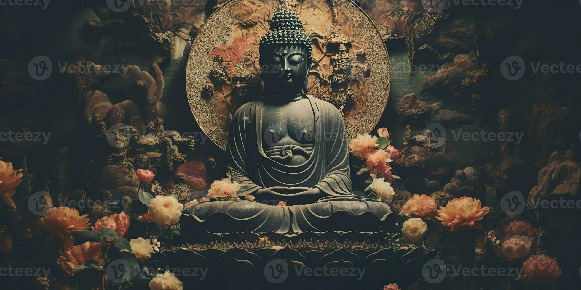 ai genererad. ai generativ. kultur historia asiatisk indisk religion buddha staty figur i gammal årgång retro antik illustration bakgrund. lugna koppla av kärlek fred inre vibe. grafisk illustration foto