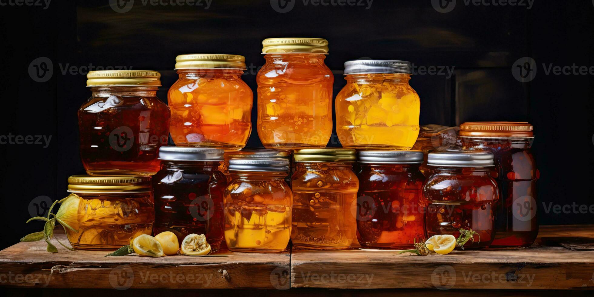 ai genererad. ai generativ. honung gar flaskor innehåller på kök. ljuv efterrätt organisk socker mat på kök falsk upp dekoration bakgrund. grafisk konst foto