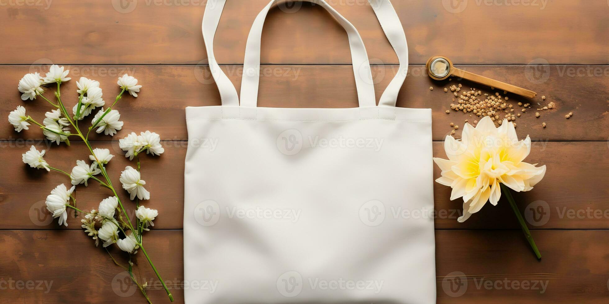 ai genererad. ai generativ. vit toto väska attrapp med växt bakgrund. eco bära handla behållare. grafisk konst foto