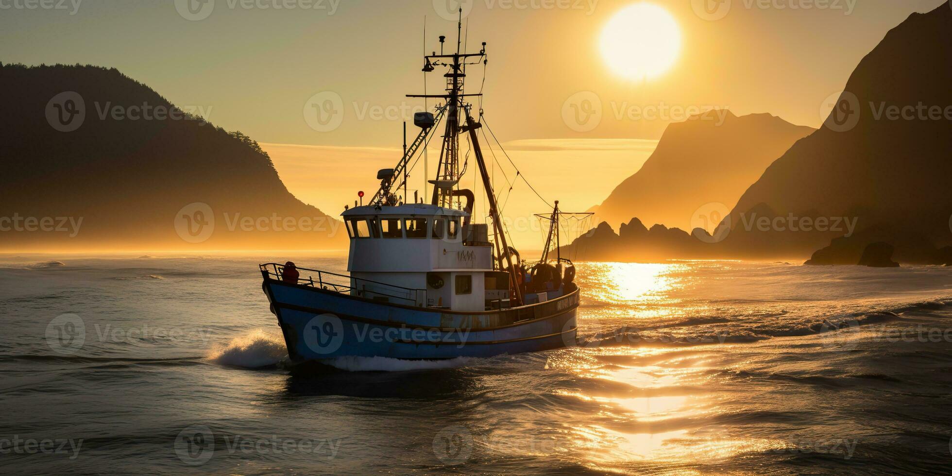 ai genererad. ai generativ. nautisk marin Marin marinmålning hav hav landskap fiske krabba båt fartyg. äventyr resa utforska segla fångst frakt. grafisk konst foto