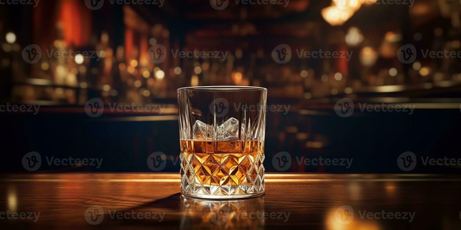 ai genererad. ai generativ. klassisk alkohol whisky skotsk dryck i glas med is kuber på bar pub. nära nog klubb bakgrund dekoration falsk upp. grafisk konst foto