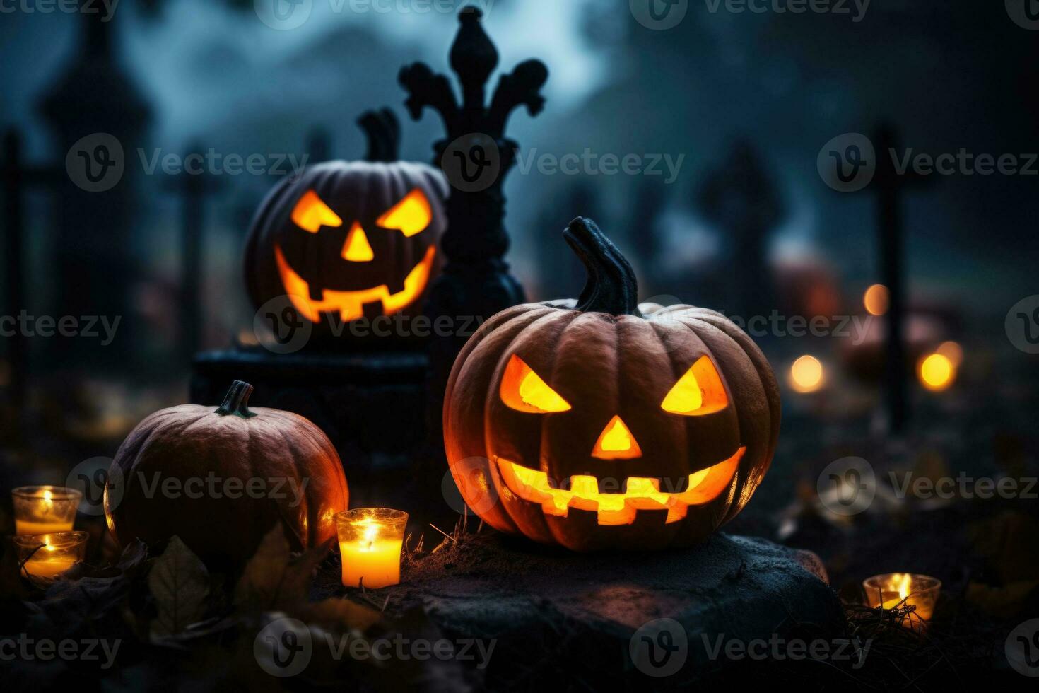 pumpor i kyrkogård i de läskigt natt. halloween domkraft o lykta med ett ondska ansikte. ai genererad foto