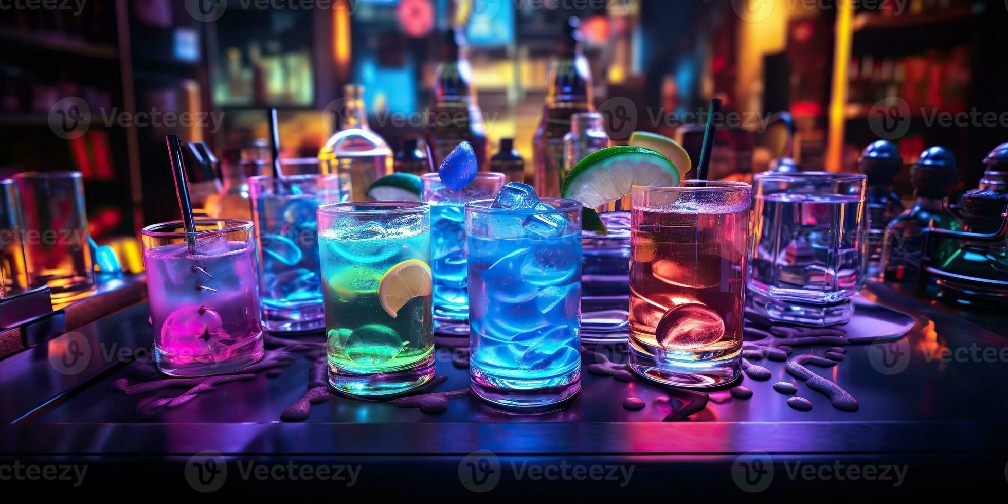 ai genererad. ai generativ. neon lysande cocktail glas råna bar pub i synthwave cybepunk retrowave stil. natt liv fest alkohol dryck vibe. grafisk konst foto