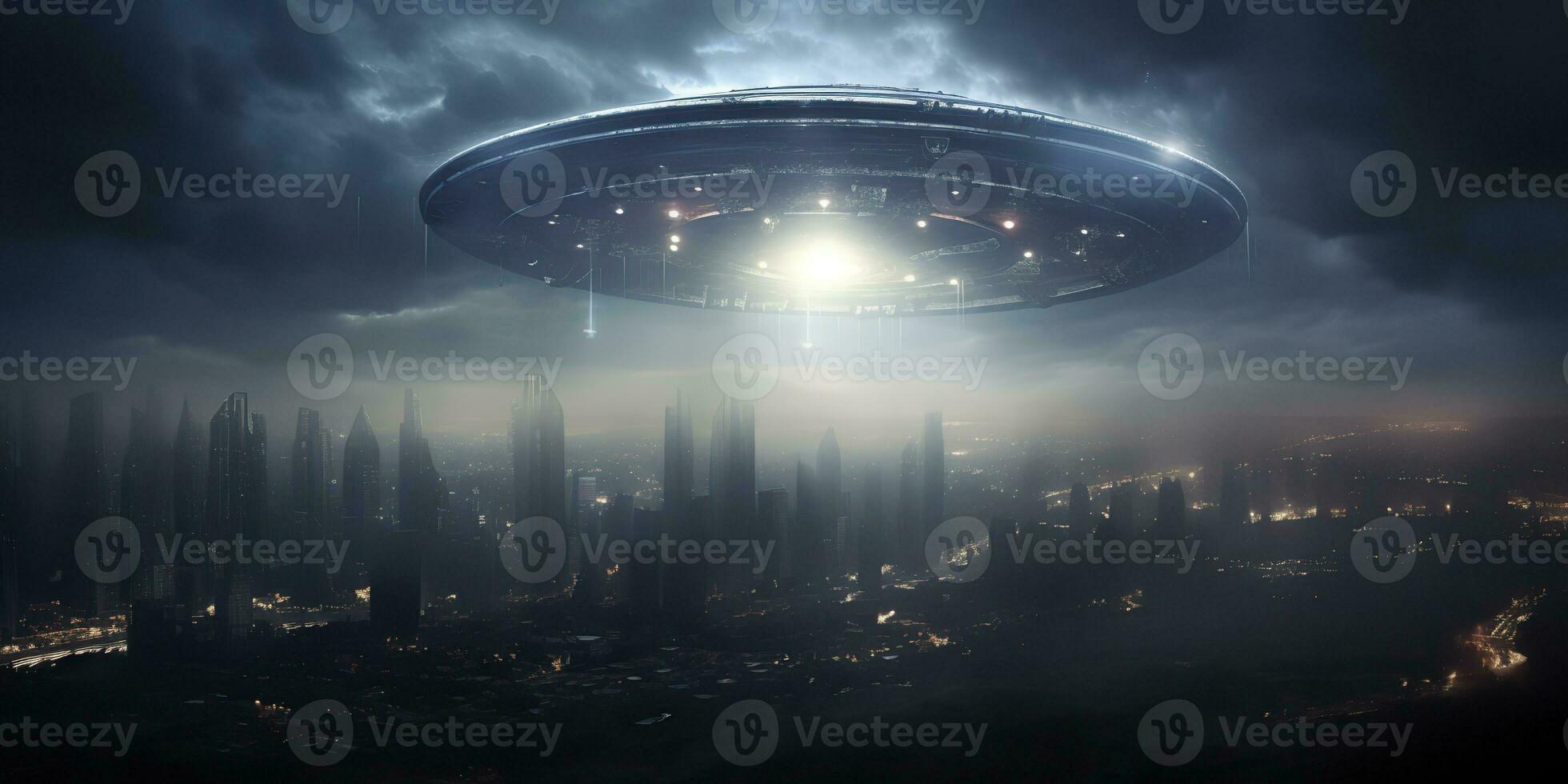 ai genererad. ai generativ. utomjording rymdskepp moderskepp UFO galax invasion. mörk natt ligh stad stad landskap. framtida fantasi verklighet. grafisk konst foto