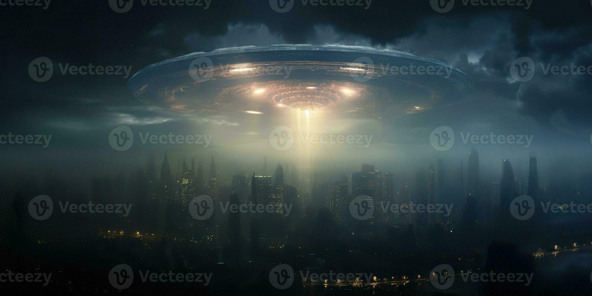 ai genererad. ai generativ. utomjording rymdskepp moderskepp UFO galax invasion. mörk natt ligh stad stad landskap. framtida fantasi verklighet. grafisk konst foto