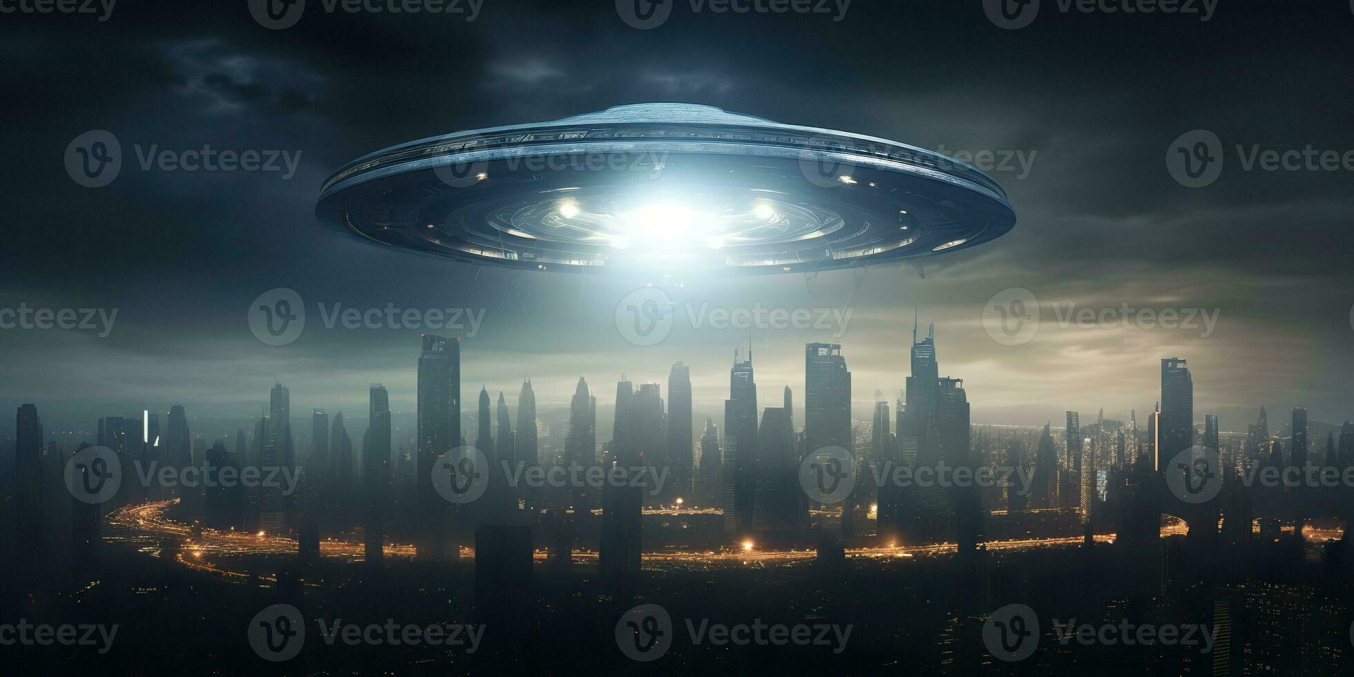 ai genererad. ai generativ. utomjording rymdskepp moderskepp UFO galax invasion. mörk natt ligh stad stad landskap. framtida fantasi verklighet. grafisk konst foto