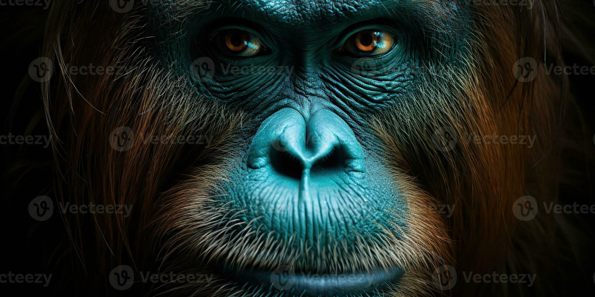 ai genererad. ai generativ. orangutang apa ansikte porträtt ögon tittar på på du. däggdjur djur- bakgrund se. grafisk konst foto