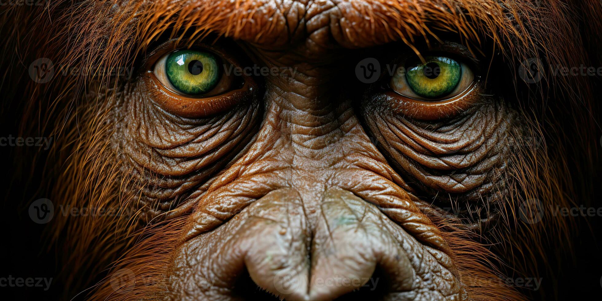 ai genererad. ai generativ. orangutang apa ansikte porträtt ögon tittar på på du. däggdjur djur- bakgrund se. grafisk konst foto