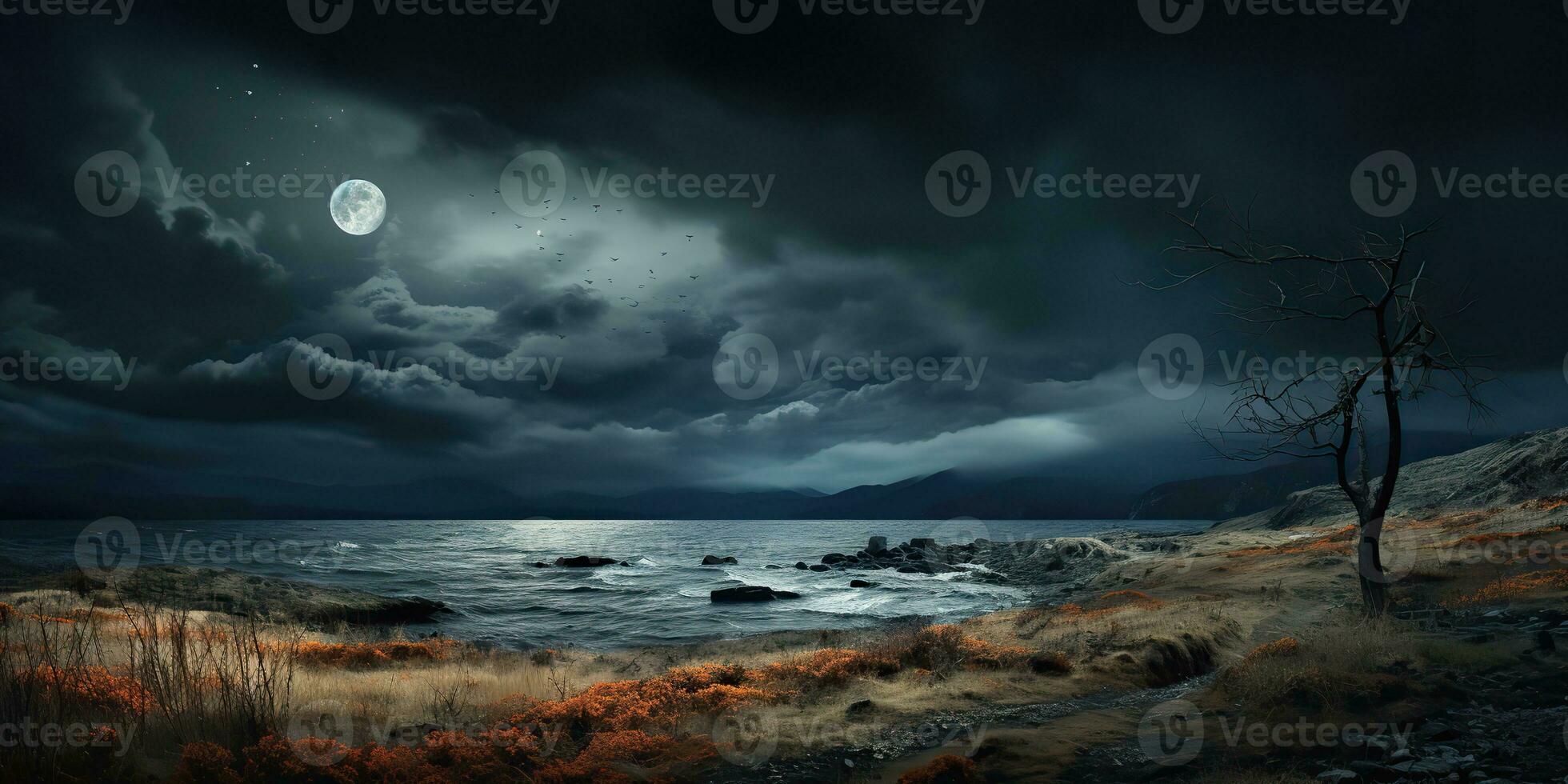ai genererad. ai generativ. marin nautisk Marin kustlinje strand landskap bakgrund. äventyr semester resa med hav berg och mörk natt måne vibe. grafisk konst foto