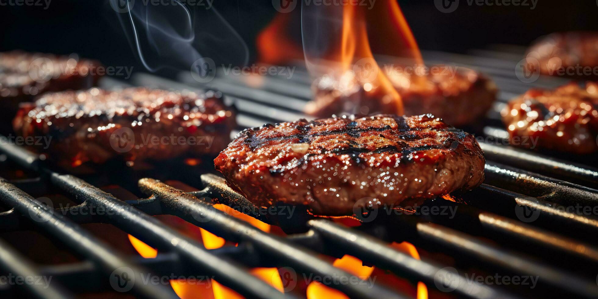 ai genererad. ai generativ. bbq grill utegrill biff brand flamma kött framställning saftig middag fest måltid. grafisk konst foto