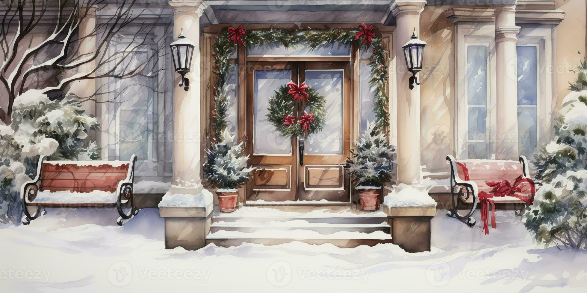 ai genererad. ai generativ. xmas glad jul ny år dekoration dekor bakgrund av hus Hem främre dörr veranda med krans och Semester dekor. vinter- familj firande vibe. grafisk konst foto
