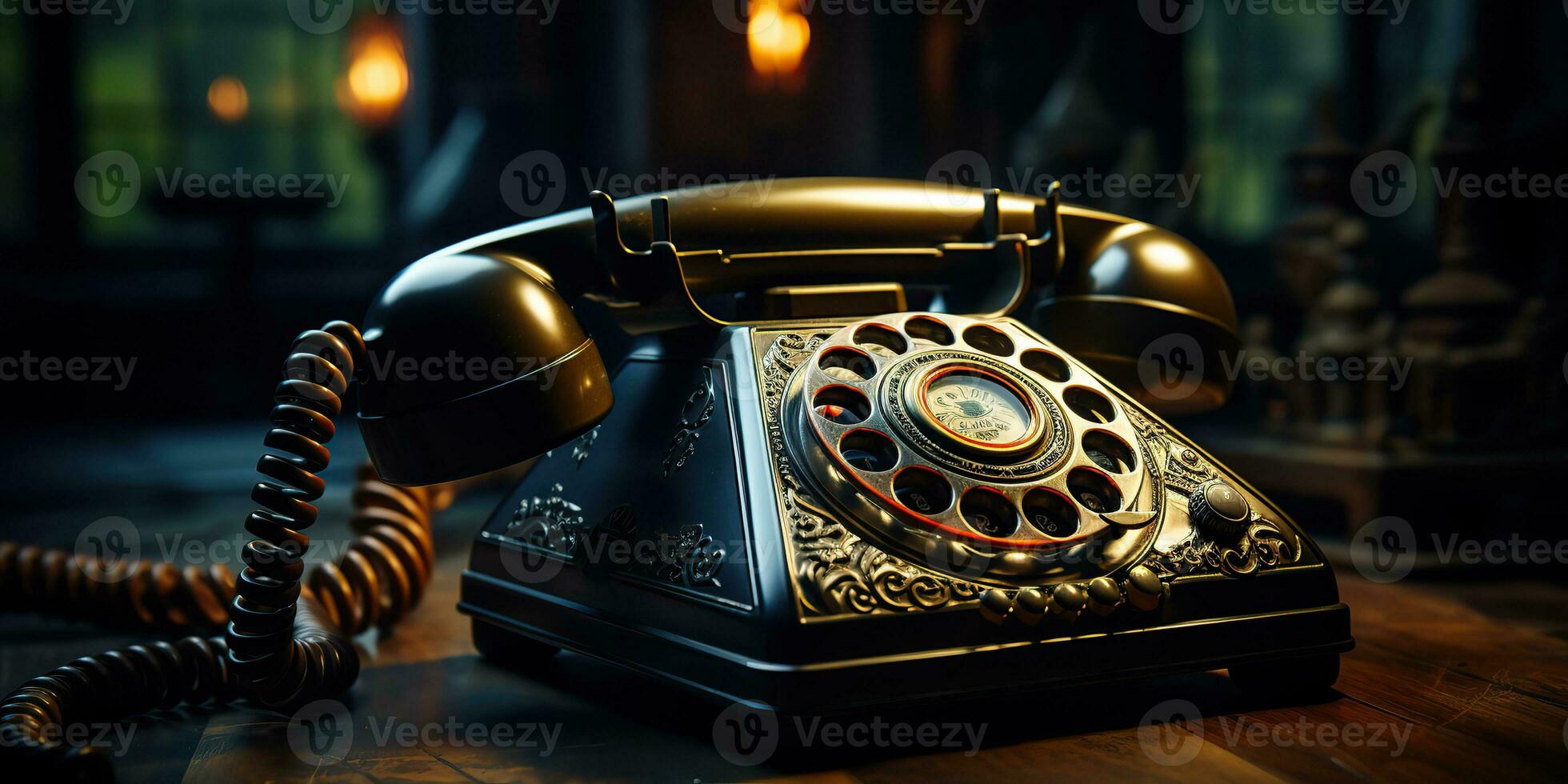 ai genererad. ai generativ. klassisk retro årgång antik telefon prata telefon på trä- tabell. grafisk konst foto