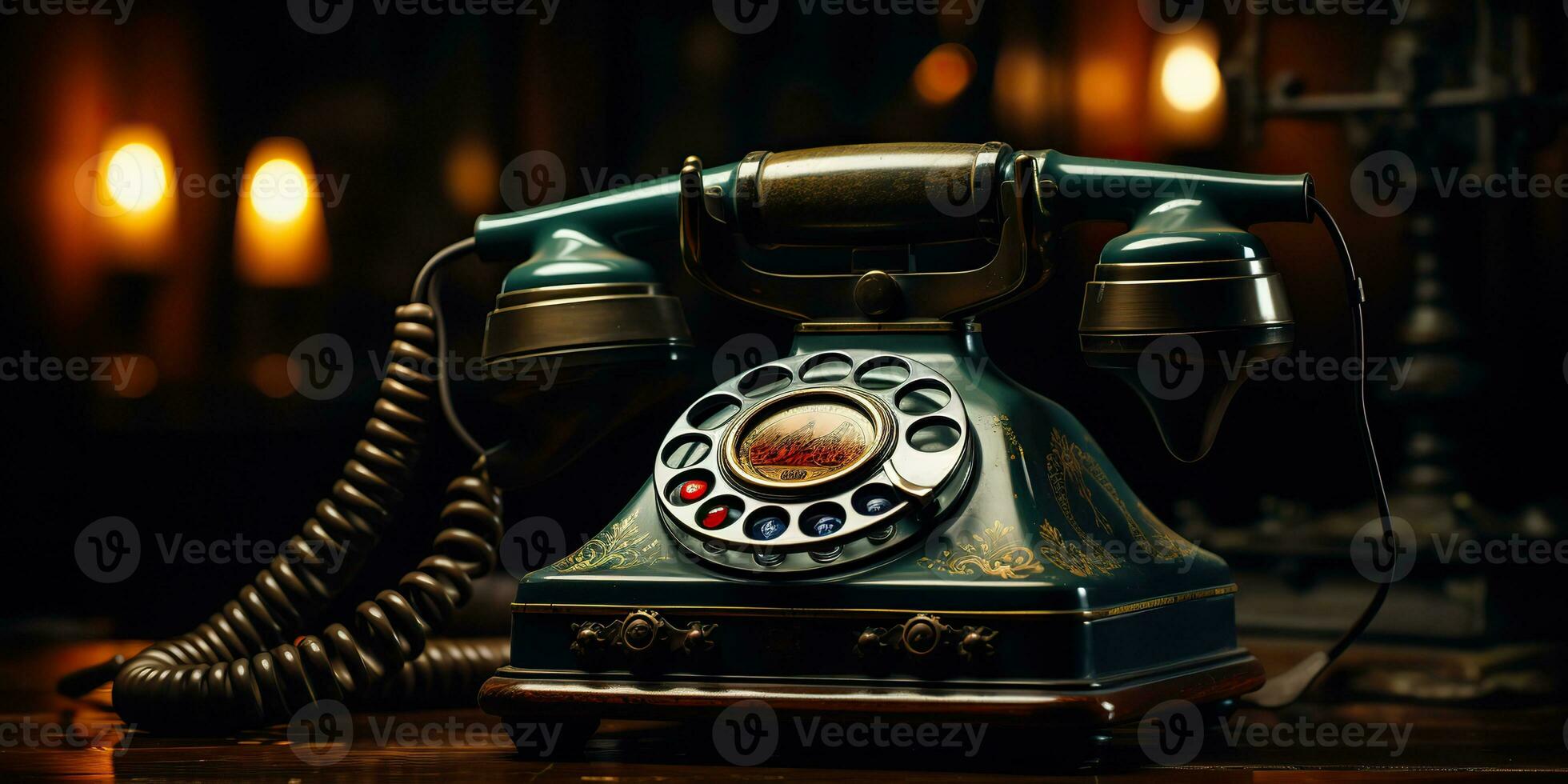 ai genererad. ai generativ. klassisk retro årgång antik telefon prata telefon på trä- tabell. grafisk konst foto